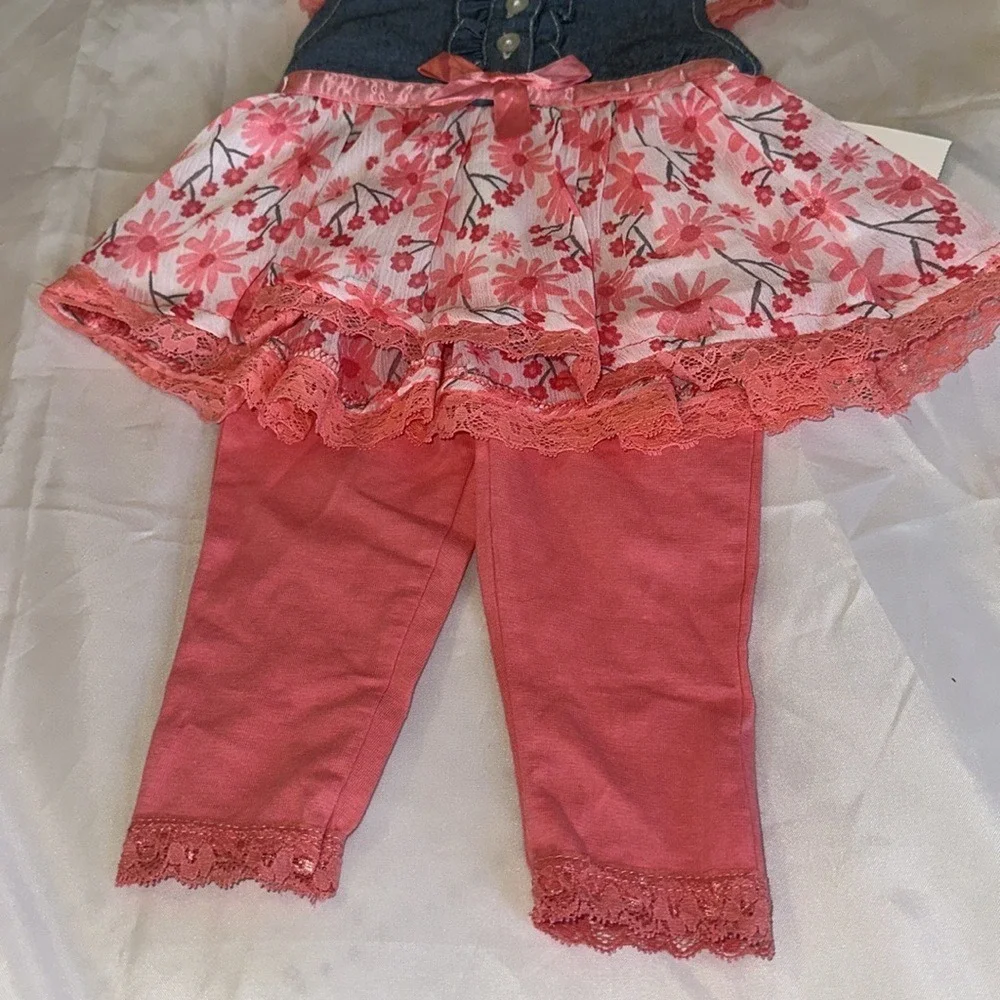 DDG Darlings Baby Girls 2pc Floral Denim Chiffon Top and Leggings Set 3-6M